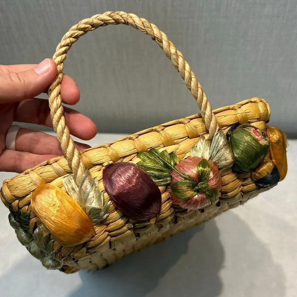 Vtg Woven Straw Lined Basket with 3D Fruit on Sides Phillipines Handmade Boho